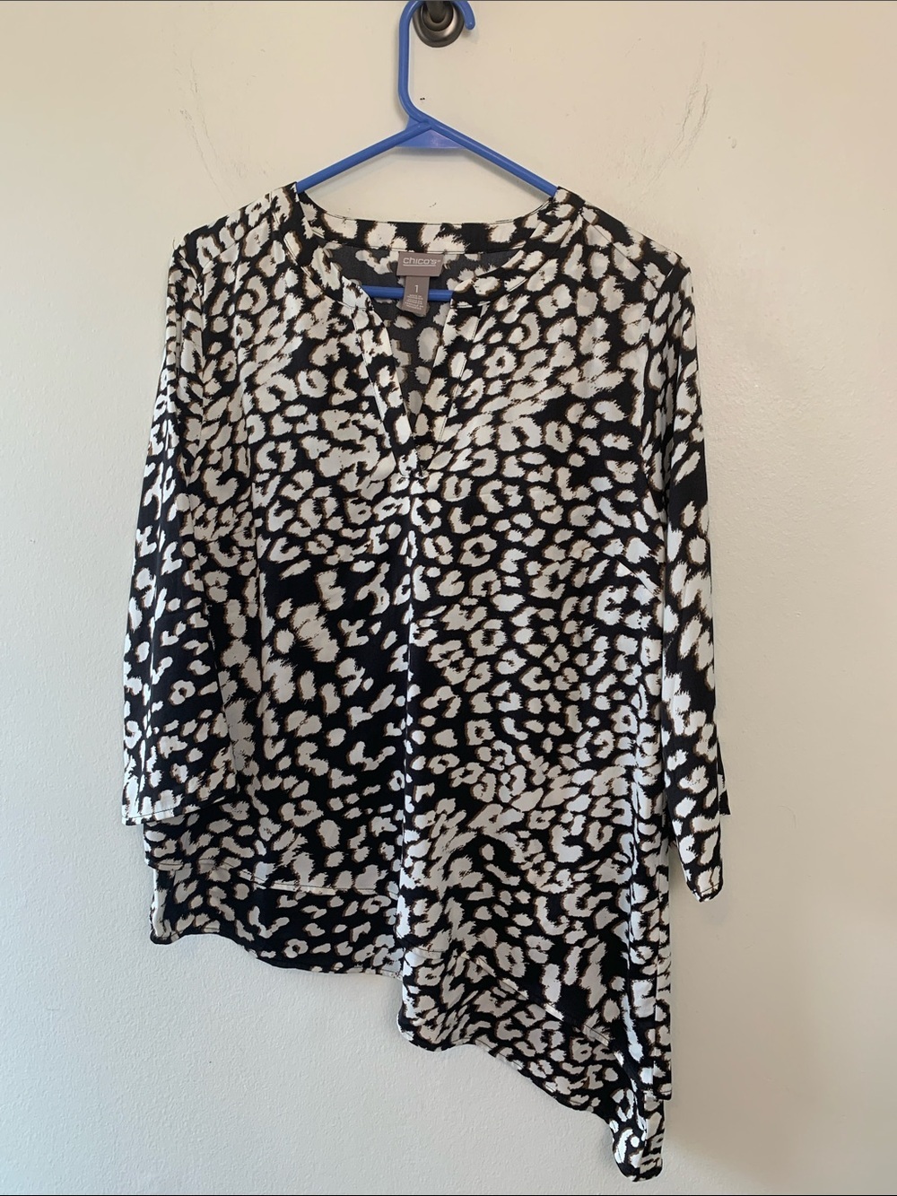 Chicos Black, White & Brown Leopard Print  Asymmetrical Tunic, Lightweight